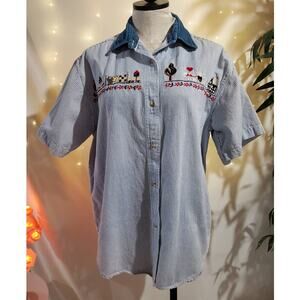 Lets Quizz Again Womens Vintage Embroidered Country Button Up Top Size M Striped